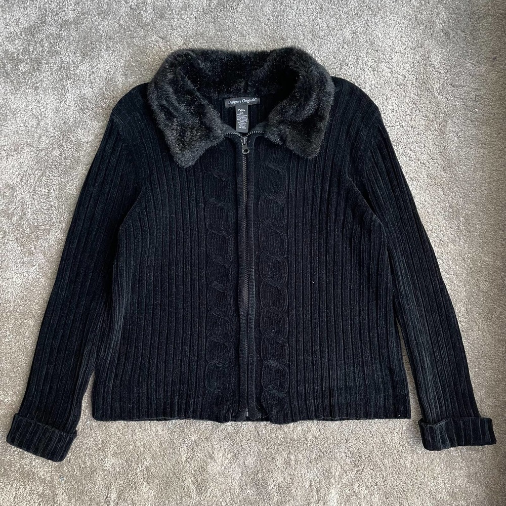 y2k Faux Fur Collar Chenille Zip Cardigan - Size PL